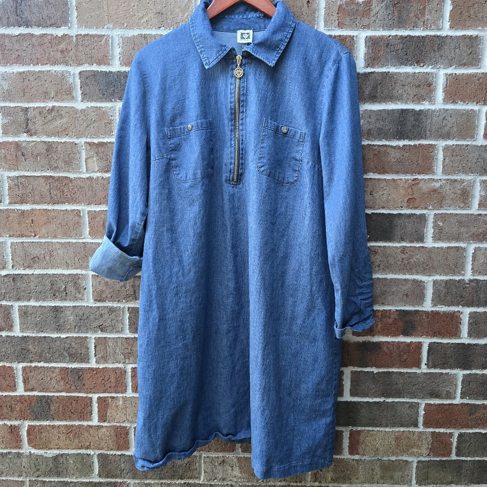 Anne Klein Indigo Chambray Look Shirt Dress Size 14 Half Zip Roll Tab Sleeves - Picture 2 of 10